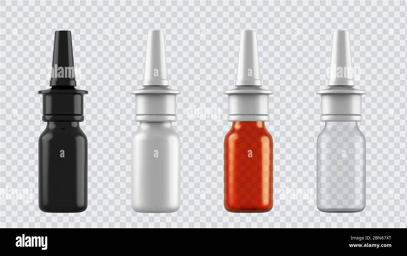 Flaconi realistici per farmaci, compresse, gocce e spray, ecc. contenitori medicali in bianco di plastica 3d isolati su sfondo trasparente. Vettore Illustrazione Vettoriale