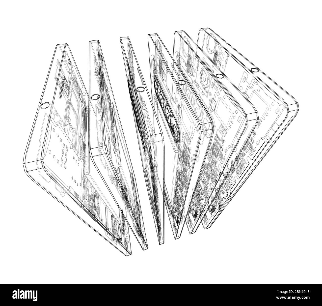 Descrizione del concetto di smartphone. Rendering vettoriale di 3d. Stile con telaio a filo. I livelli delle linee visibili e invisibili sono separati Illustrazione Vettoriale