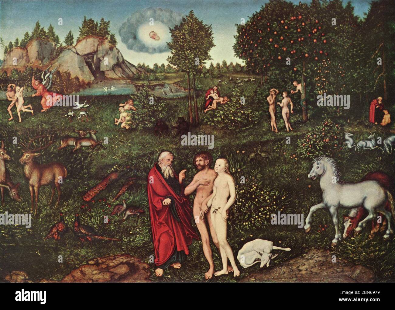 LUCAC CRANACH IL MAGGIORE (c 1472-1553) pittore tedesco. Il suo dipinto del 1534 di Adamo ed Eva in Paradiso Foto Stock