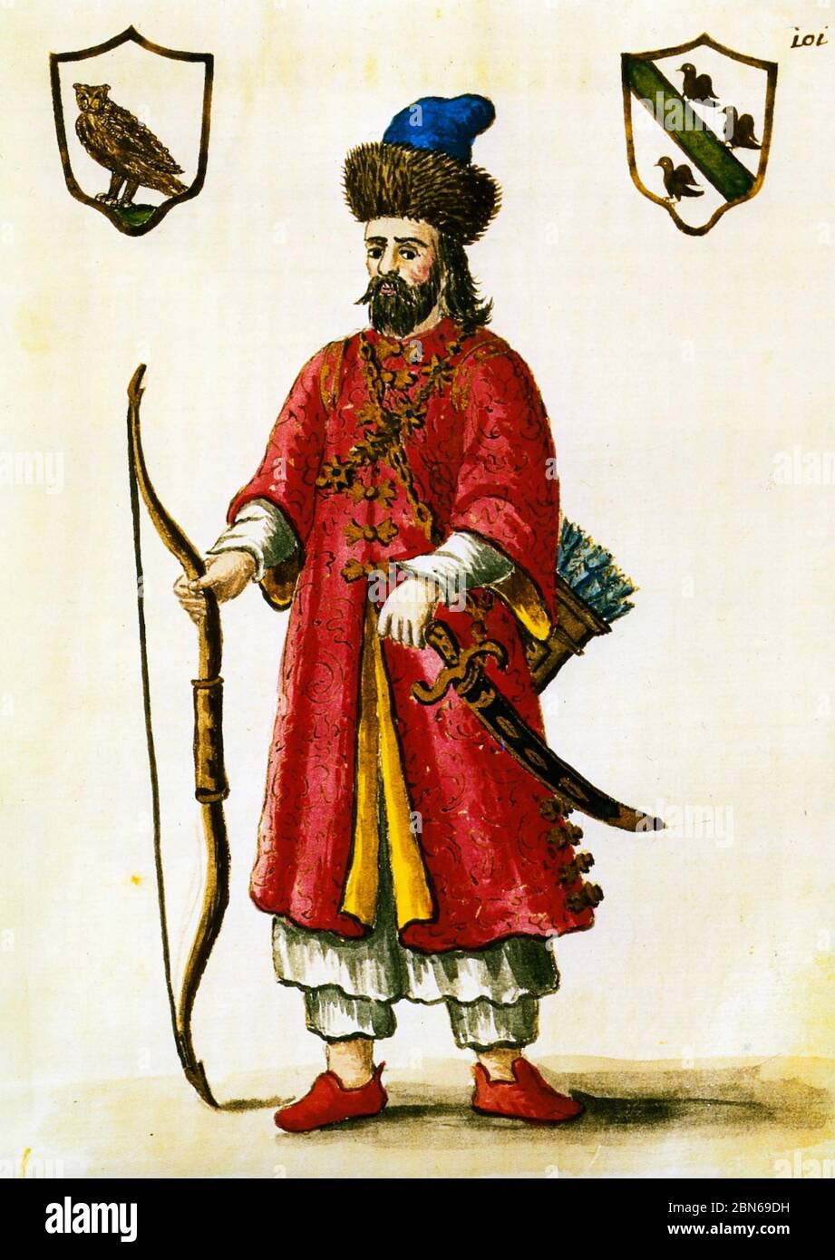 MARCO POLO (1254-1324) commerciante, esploratore e scrittore italiano. Un'incisione del XVIII secolo che lo mostra indossando abiti Tartar. Foto Stock