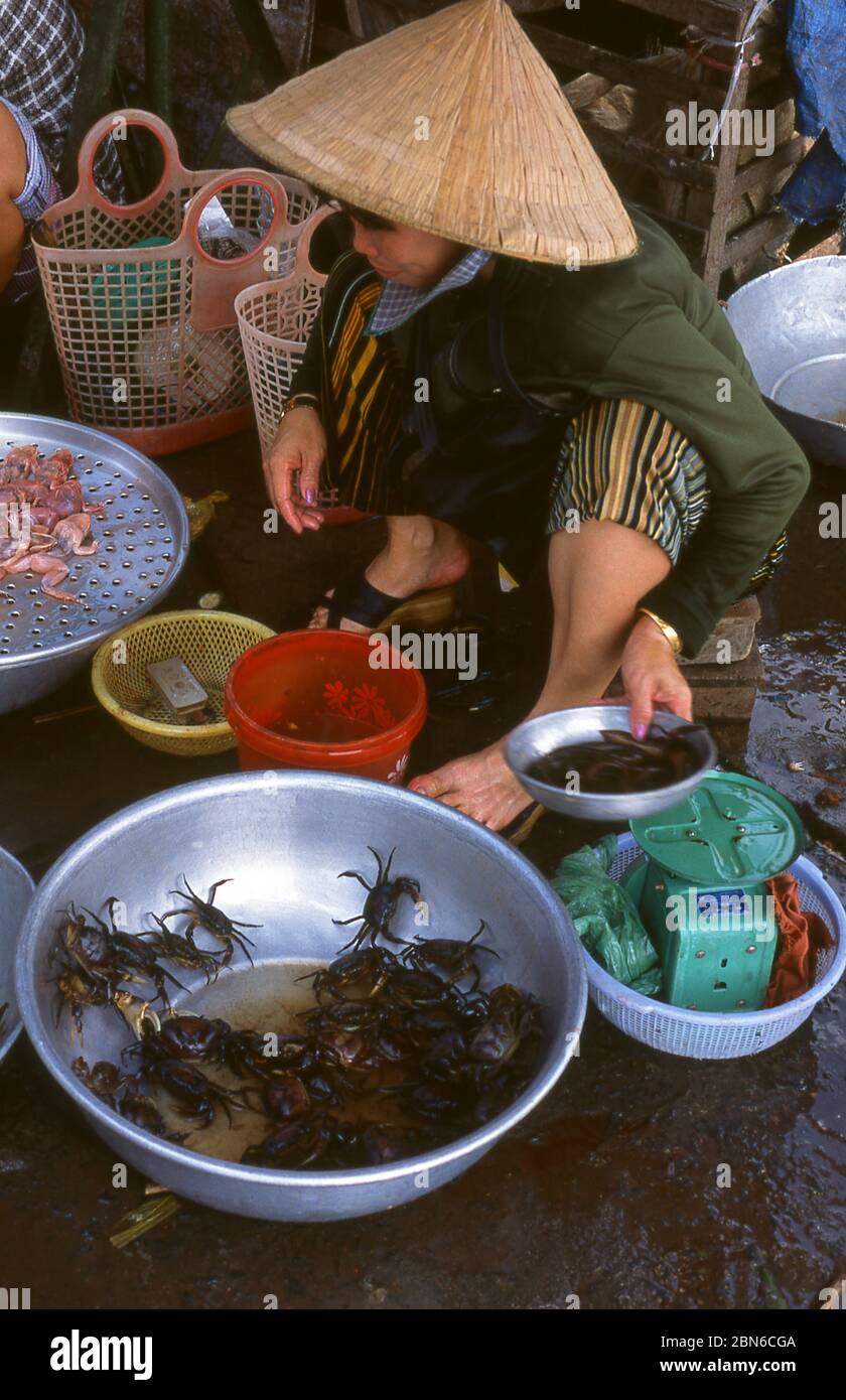 Vietnam: Granchi e rane in vendita nel mercato SA Dec, provincia di Dong Thap, Delta Mekong. SA Đéc è un porto fluviale e un settore agricolo e industriale Foto Stock