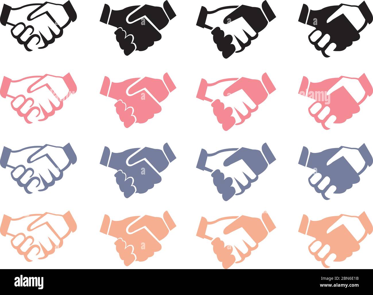 Illustrazione vettoriale delle icone di handshake aziendali in quattro diversi design e colori isolati su sfondo bianco. Illustrazione Vettoriale