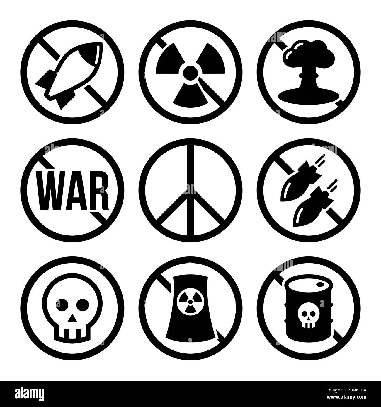 No arma nucleare, no guerra, no bombe vettori segnali di avvertimento - guerra, concetto di movimento di pace No centrali nucleari, no guerra vettore segnali di avvertimento des Illustrazione Vettoriale