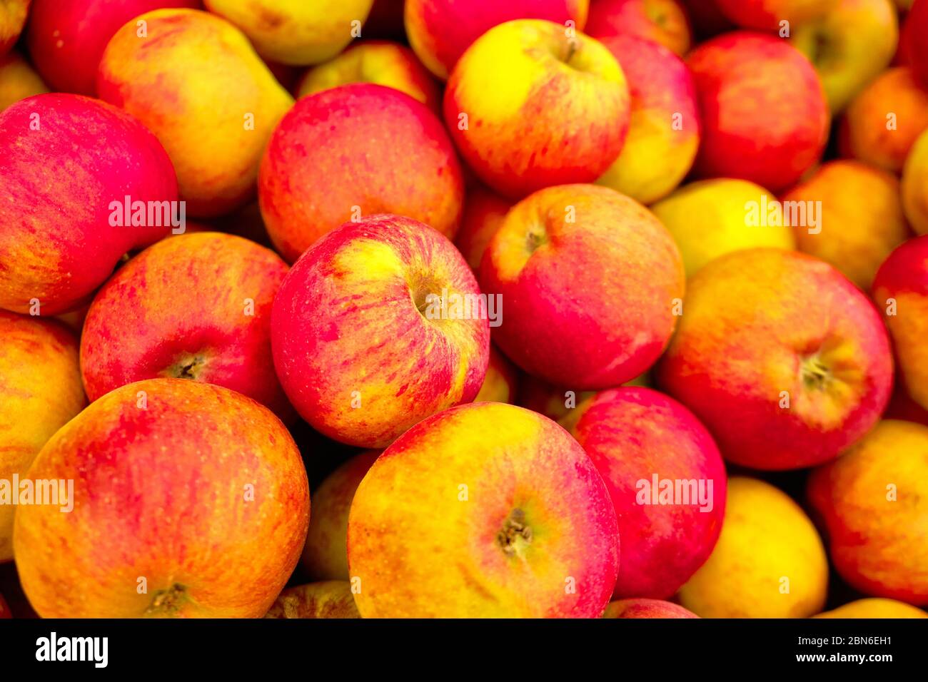 mele rosa e gialle sullo sfondo o sulla consistenza del mercato Foto Stock