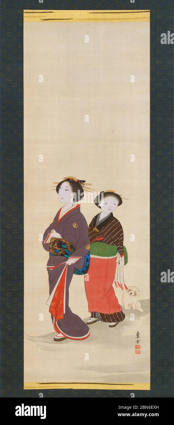 Giappone: 'Due donne e un cucciolo'. Pittura di chiocciola sospesa di Nagasawa Rosetsu (1754-1799), c.. 1780. Nagasawa Rosetsu (1754-1799) è stato un Foto Stock