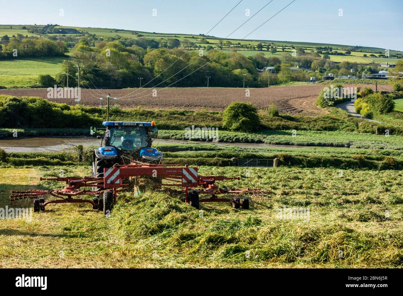 Timoleague, West Cork, Irlanda. 13 maggio 2020. L'erba viene aerata per insilare a Timoleague prima di essere spedita per l'alimentazione invernale per i bovini. Credit: AG News/Alamy Live News Foto Stock