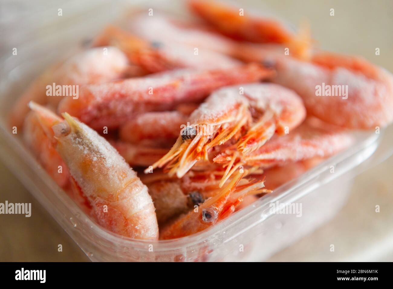 Gamberi Surgelati In Scatola Contenitore Di Plastica Su Tavolo Da Cucina Per Cucinare Deliziosi Gamberi In Ghiaccio Pronti Per Pasto Preparation Godetevi Frutti Di Mare Naturali Con Basso Foto Stock Alamy