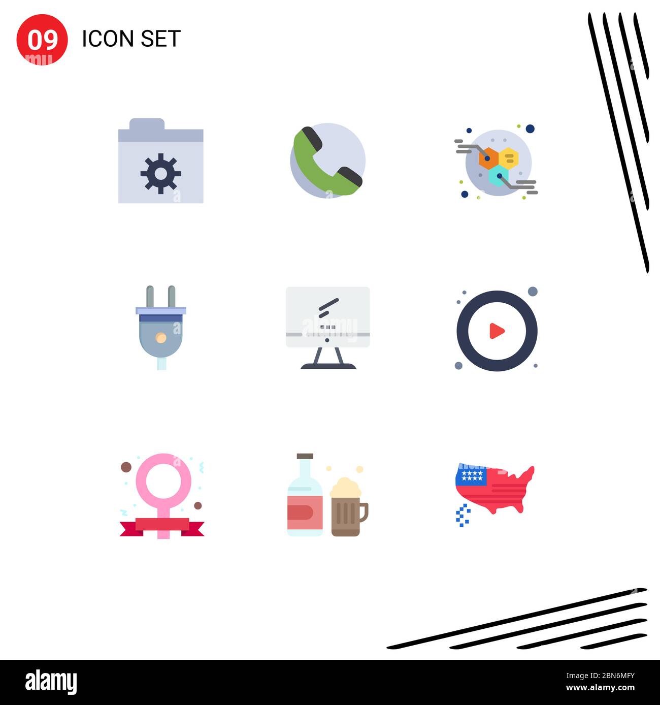 Simboli icone universali Gruppo di 9 colori piatti moderni di pc, dispositivo, alimentazione, monitor, spina di alimentazione elementi di progettazione vettoriale modificabili Illustrazione Vettoriale