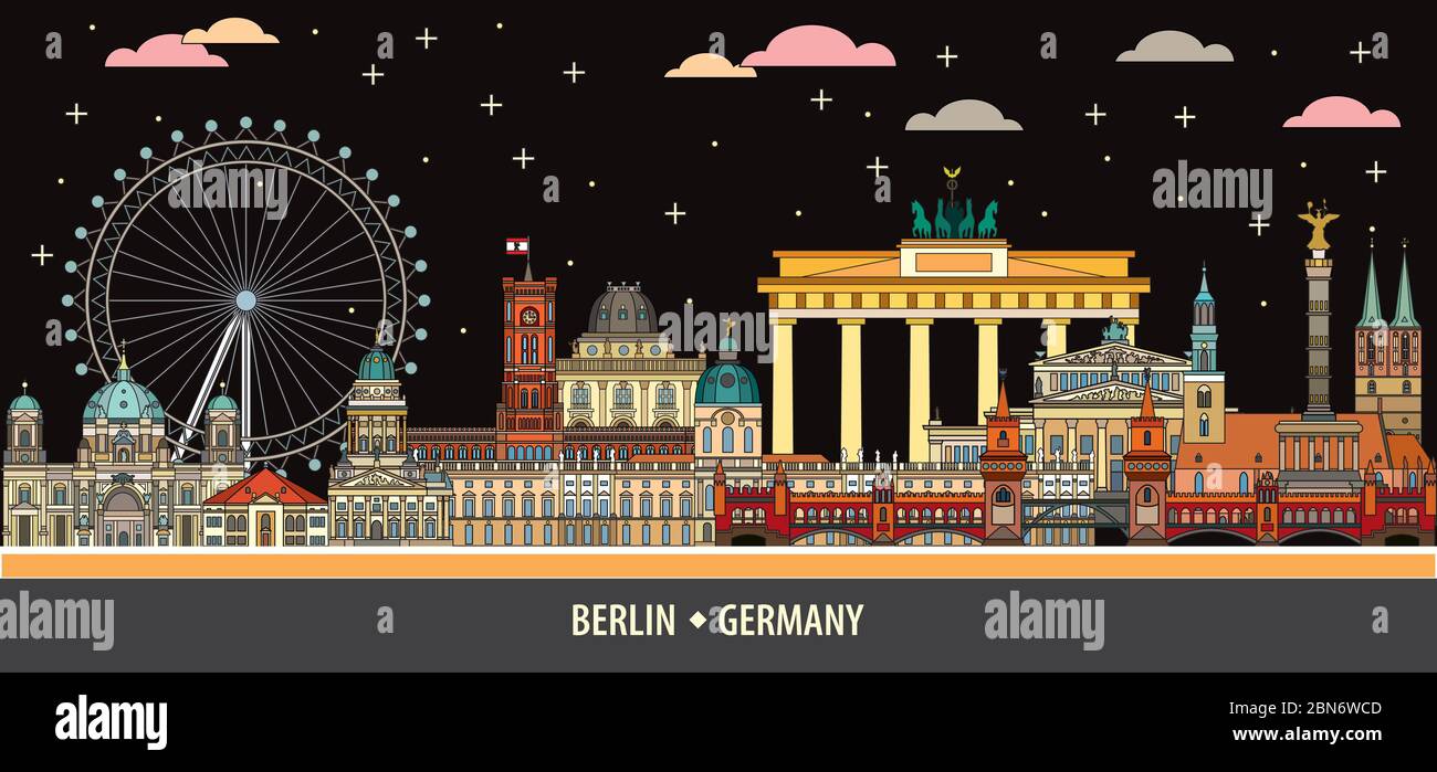 Colorato skyline vettoriale di Berlino, Germania in stile line art. Illustrazione colorata e isolata da un vettore piatto dei principali punti di riferimento della vista frontale di Berlino di ni Illustrazione Vettoriale