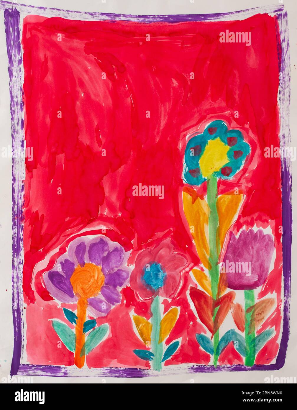 un disegno acquerello di fiori da una ragazza di 5 anni Foto Stock