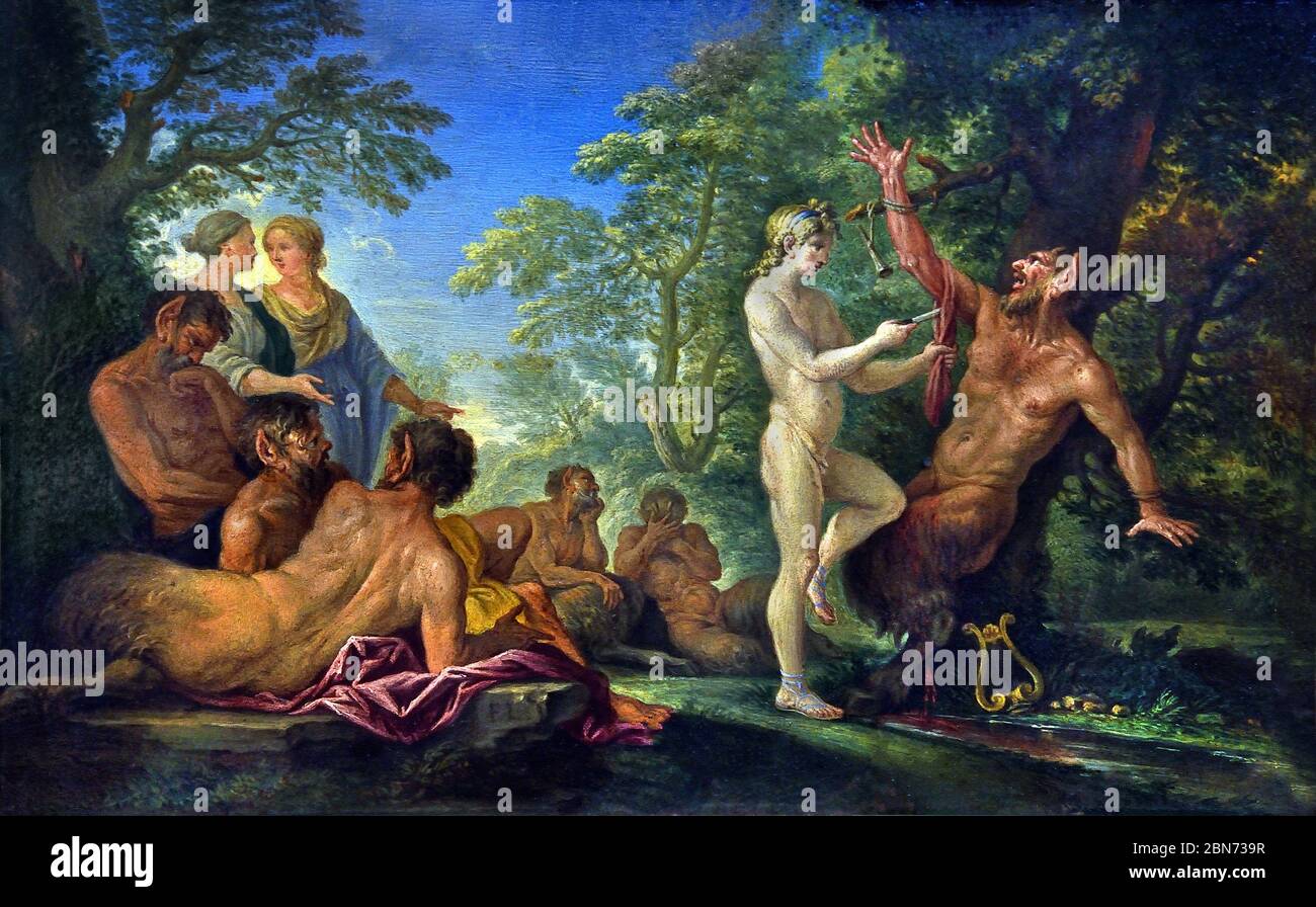 Apollo Skinning Marsyas - Apollo Flaying Marsyas di Filippo LAURI Roma, 1623 - Roma, 1694, Italiano, Italia. ( il soggetto mitologico è raccontato in particolare nelle Metamorfosi di Ovidio (VI, 382-400): Vincitore di un concorso musicale che si oppose al satiro Marsyas, inventore del flauto con due tubi, Apollo ha vinto la legge della pelle. ) Foto Stock
