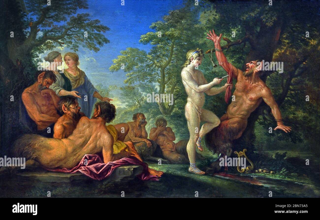Apollo Skinning Marsyas - Apollo Flaying Marsyas di Filippo LAURI Roma, 1623 - Roma, 1694, Italiano, Italia. ( il soggetto mitologico è raccontato in particolare nelle Metamorfosi di Ovidio (VI, 382-400): Vincitore di un concorso musicale che si oppose al satiro Marsyas, inventore del flauto con due tubi, Apollo ha vinto la legge della pelle. ) Foto Stock