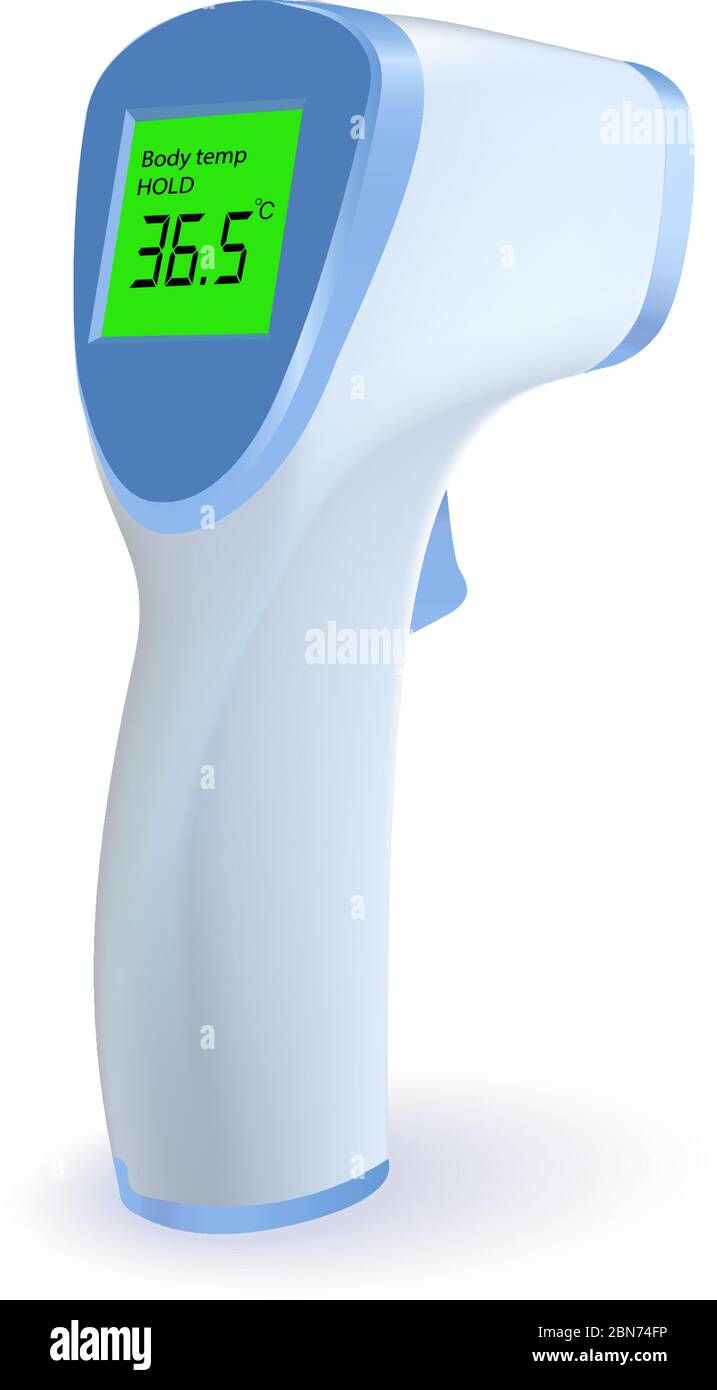vettore realistico di elementi 3d di termometro a infrarossi senza contatto isolato su sfondo bianco. Illustrazione Vettoriale