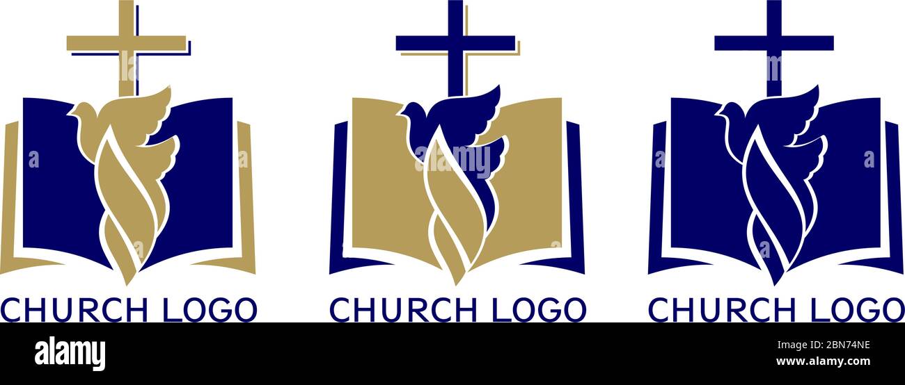 Logo della Chiesa, simbolo del cristianesimo, della croce , colomba e Vangelo, Scrittura, illustrazione vettoriale. Illustrazione Vettoriale