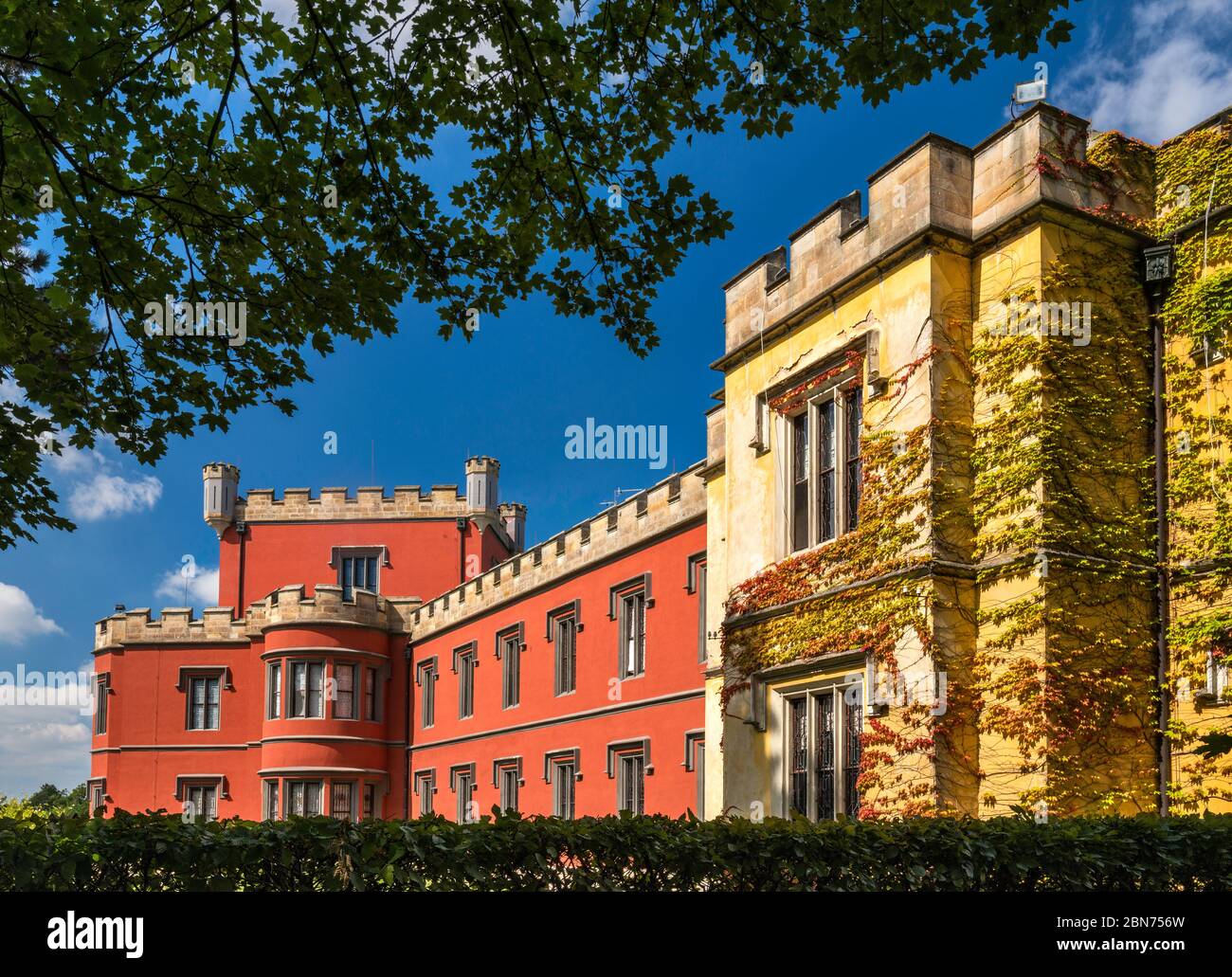 Hradek u Nechanic castello, 19 ° secolo, stile neogotico, coperto di piante da arrampicata, vicino alla città di Hradek, Boemia, Repubblica Ceca Foto Stock