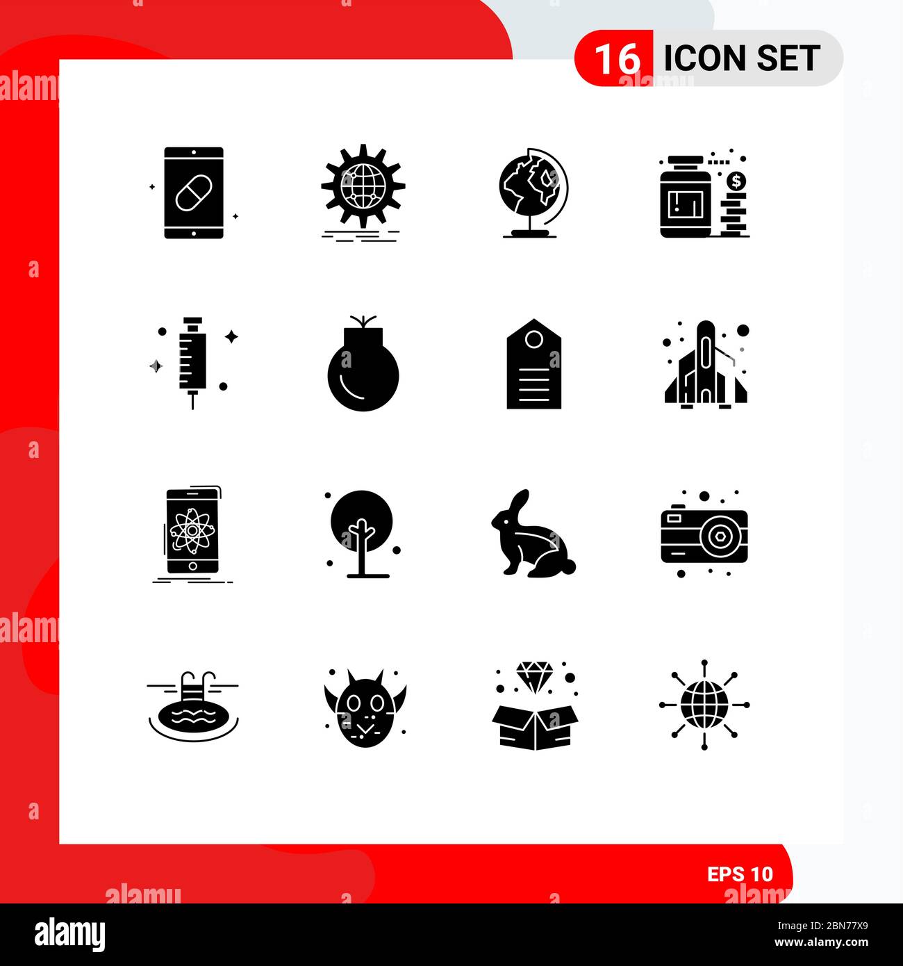 Confezione da 16 simboli e simboli Solid Glyphs per Web Print Media, come risparmio, vaso, in tutto il mondo, valuta, in tutto il mondo Editable Vector Design Elem Illustrazione Vettoriale