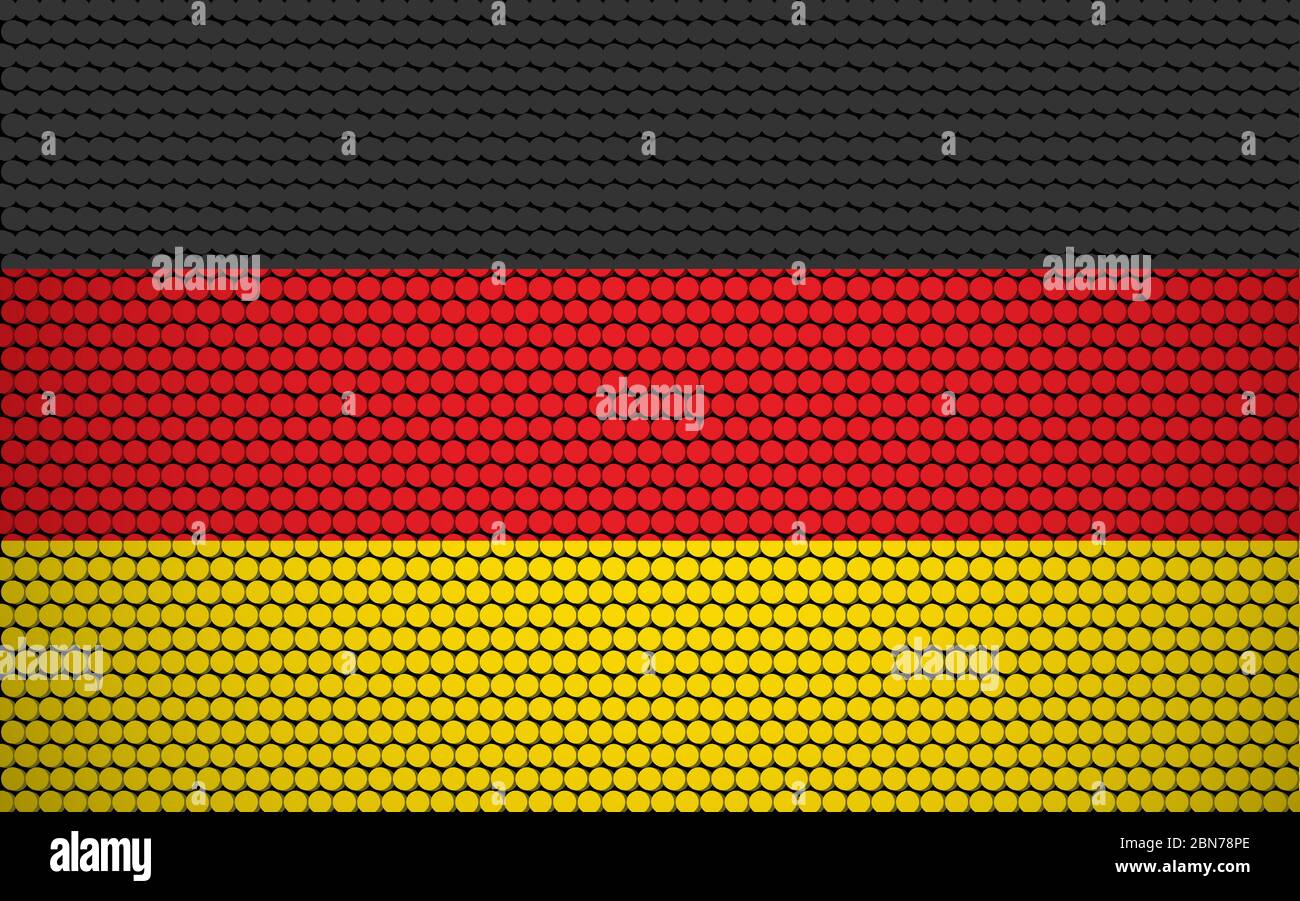 Bandiera astratta della Germania fatta di cerchi. Bandiera tedesca disegnata con punti colorati che gli donano un look astratto moderno e futuristico. Illustrazione Vettoriale