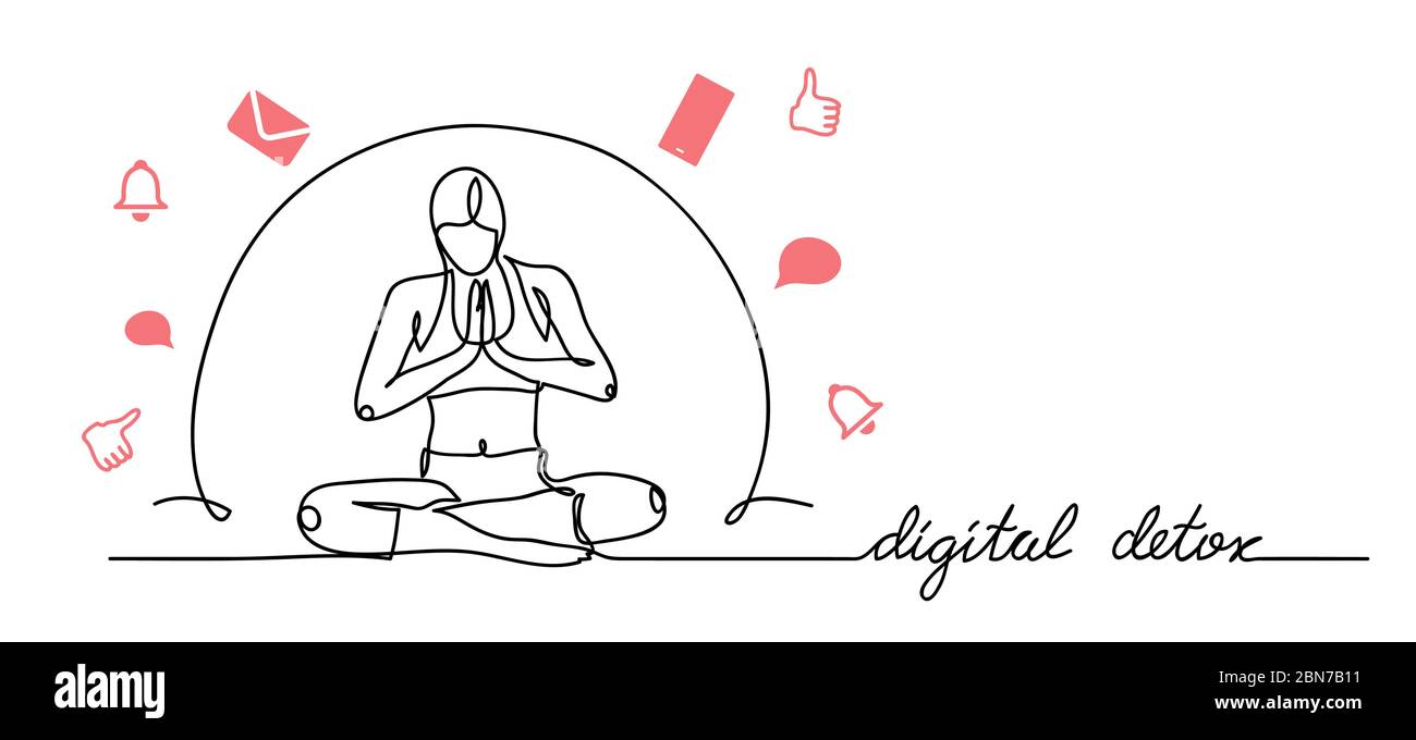 Detox digitale semplice illustrazione vettoriale, banner web, sfondo. Donna siede in posa yoga rilassante sotto la cupola di protezione da gadget e sociale Illustrazione Vettoriale