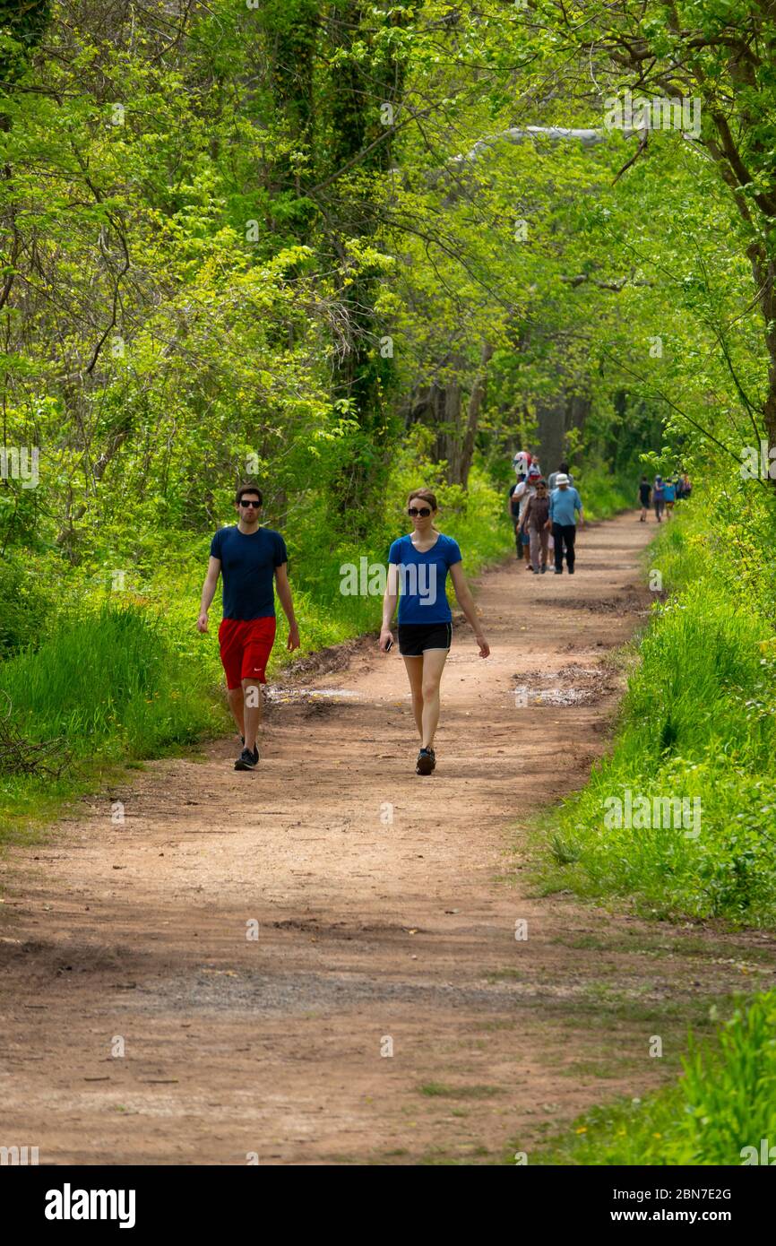 USA Maryland MD Poolesville C e o Canal persone a piedi sulla primavera torreggiante Foto Stock