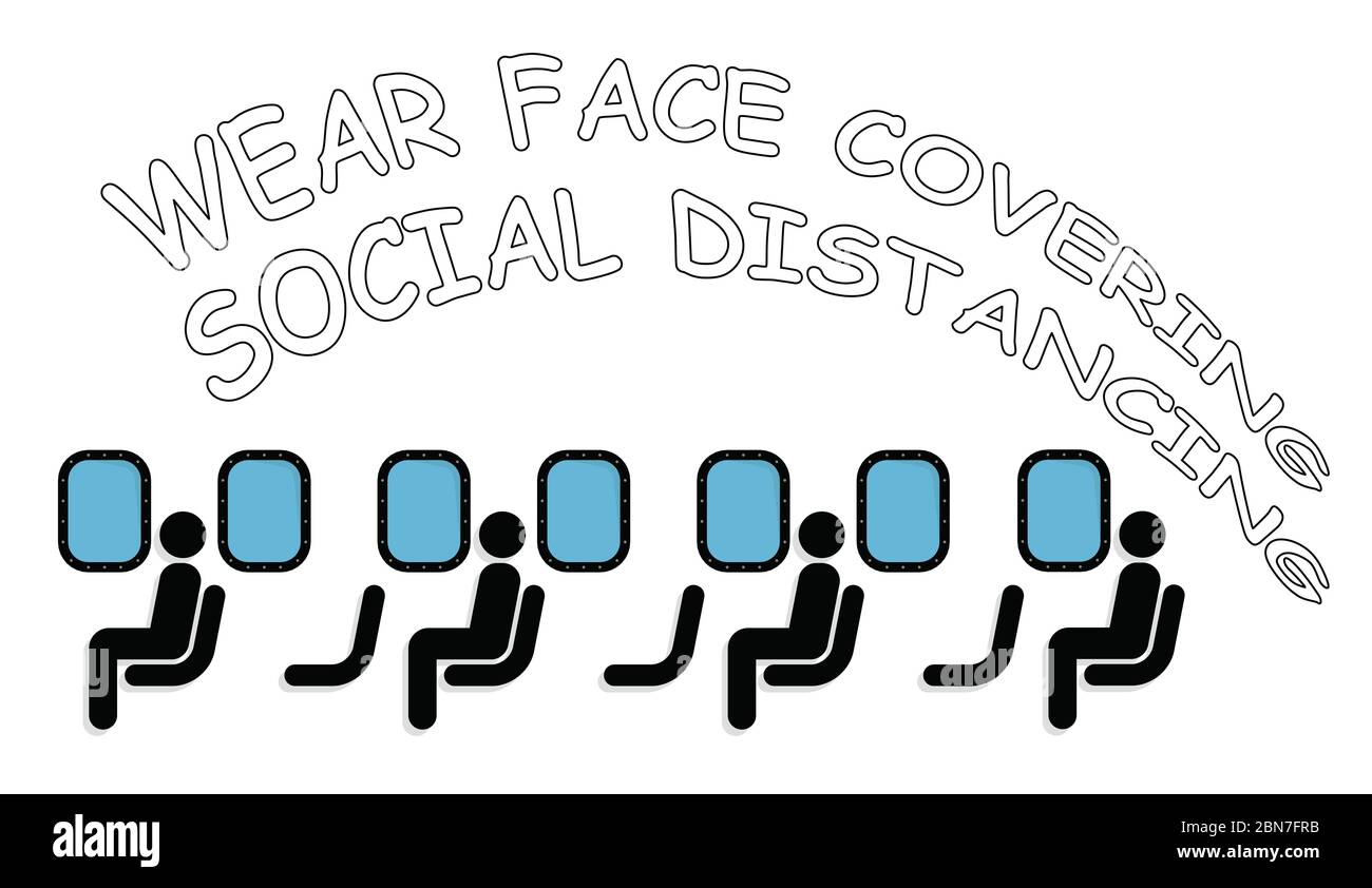 I passeggeri degli aeromobili commerciali che praticano le distanze sociali e hanno consigliato di indossare rivestimenti per il viso mentre i paesi si preparano a sbloccare le restrizioni Foto Stock