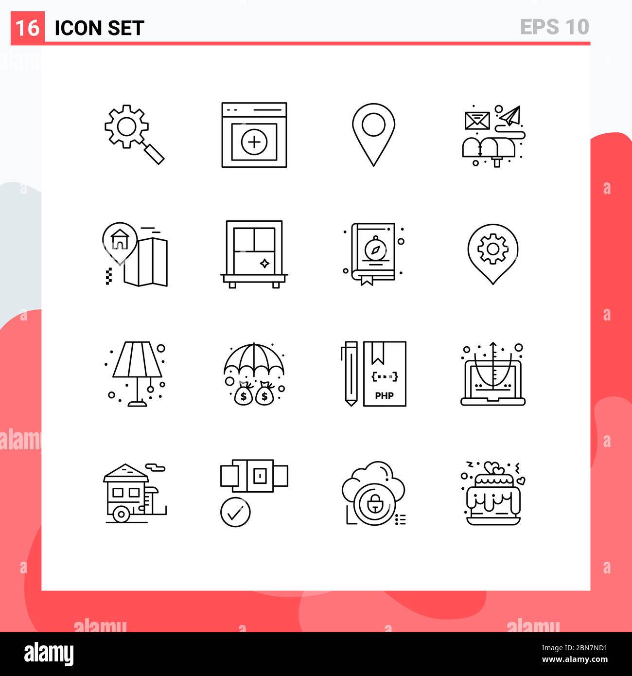 16 icone creative segni moderni e simboli di mappa, casa, posizione, posta, e-mail elementi di progettazione vettoriale modificabili Illustrazione Vettoriale
