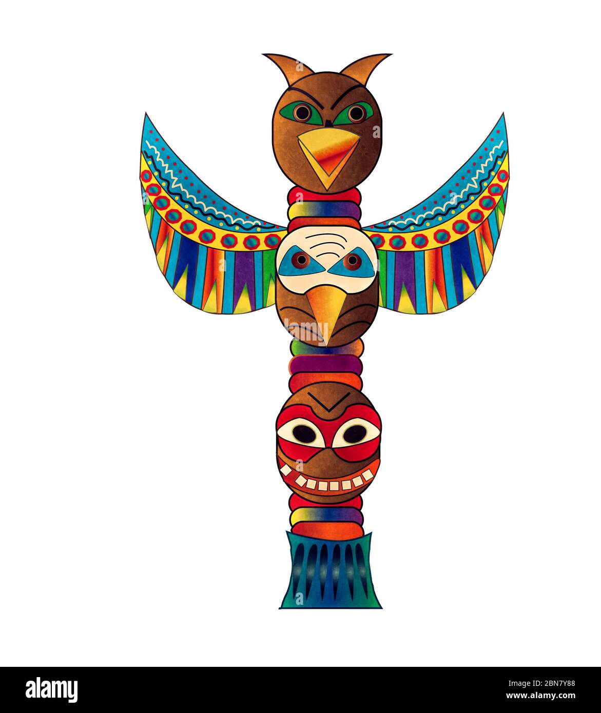 Grafica nativa americana Totem Pole in colori luminosi isolati su sfondo bianco. Foto Stock