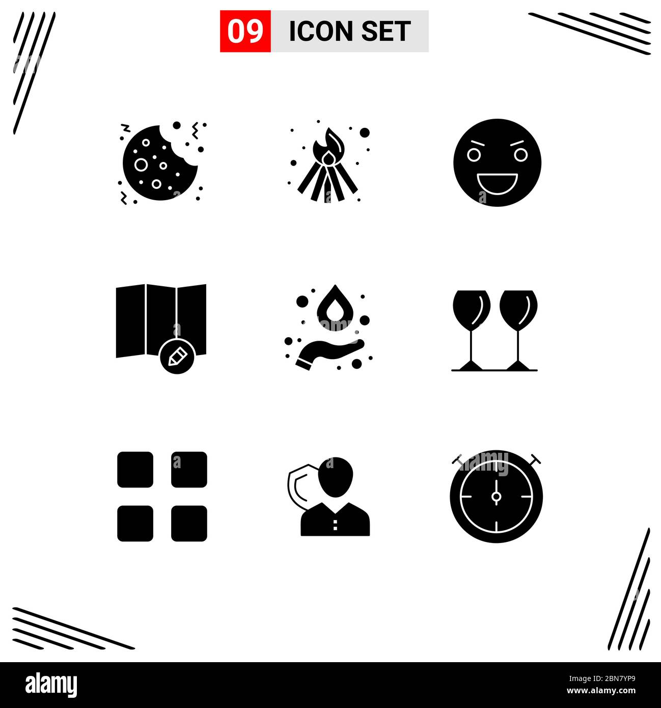 9 interfaccia utente Solid Glyph Pack di segni moderni e simboli di vetro, idrogeno, Halloween, formula, modifica elementi di disegno vettoriale modificabili Illustrazione Vettoriale