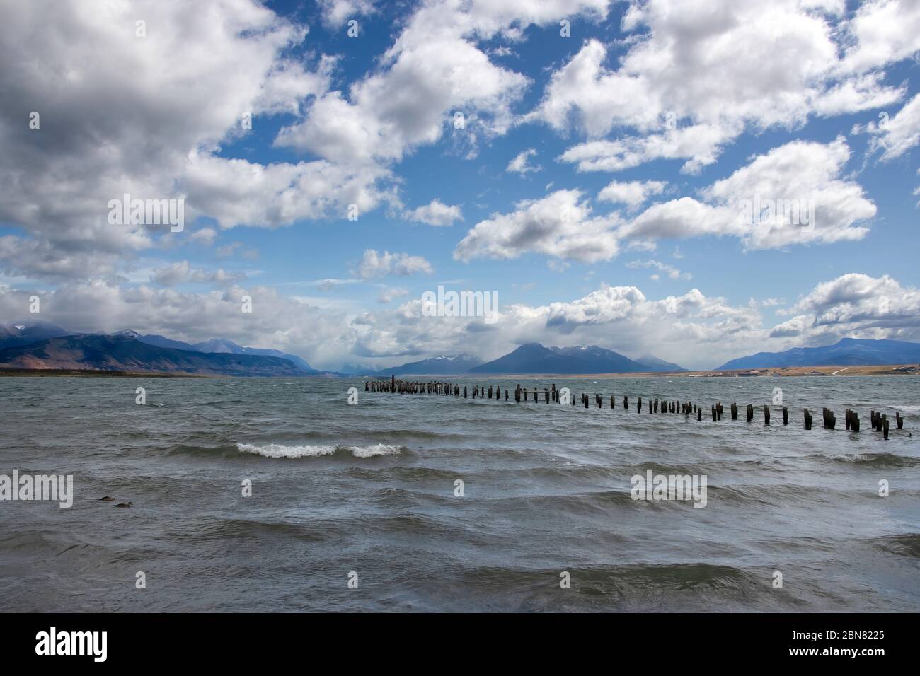 Pali di legno di un vecchio molo, Puerto Natales, Patagonia, Cile, Cerro Monumento Moore sullo sfondo. Foto Stock