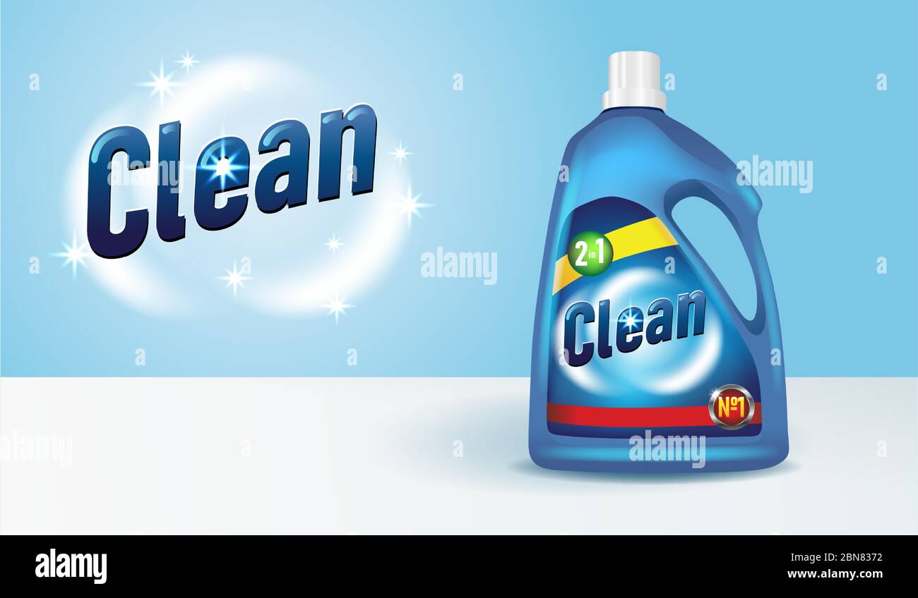 Flacone di detergente con etichetta 3D mockup. Prodotto di pulizia dal design realistico. Pubblicità fornitura lavaggio, illustrazione vettore Illustrazione Vettoriale
