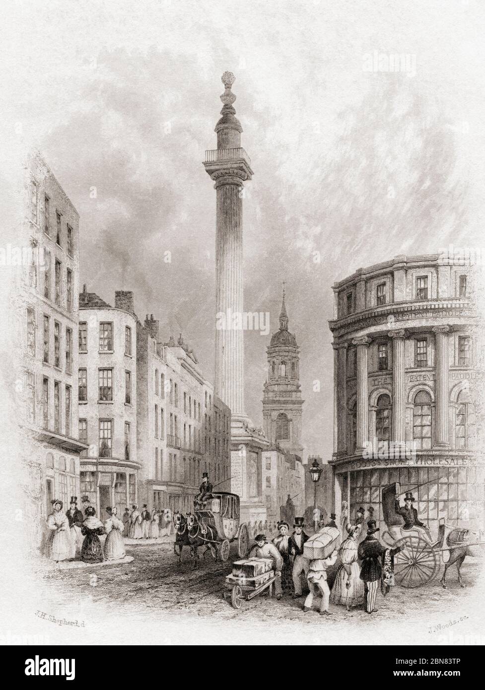 Il Monumento e la Chiesa di San Magnus il Martire, Londra, Inghilterra, 19 ° secolo. Dalla Storia di Londra: Illustrato da viste a Londra e Westminster, pubblicato c.1838. Foto Stock