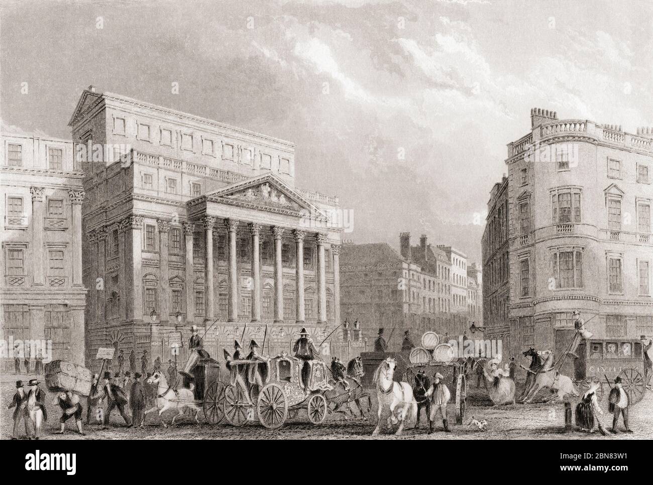 Mansion House, Londra, Inghilterra, 19 ° secolo. Dalla Storia di Londra: Illustrato da viste a Londra e Westminster, pubblicato c.1838. Foto Stock