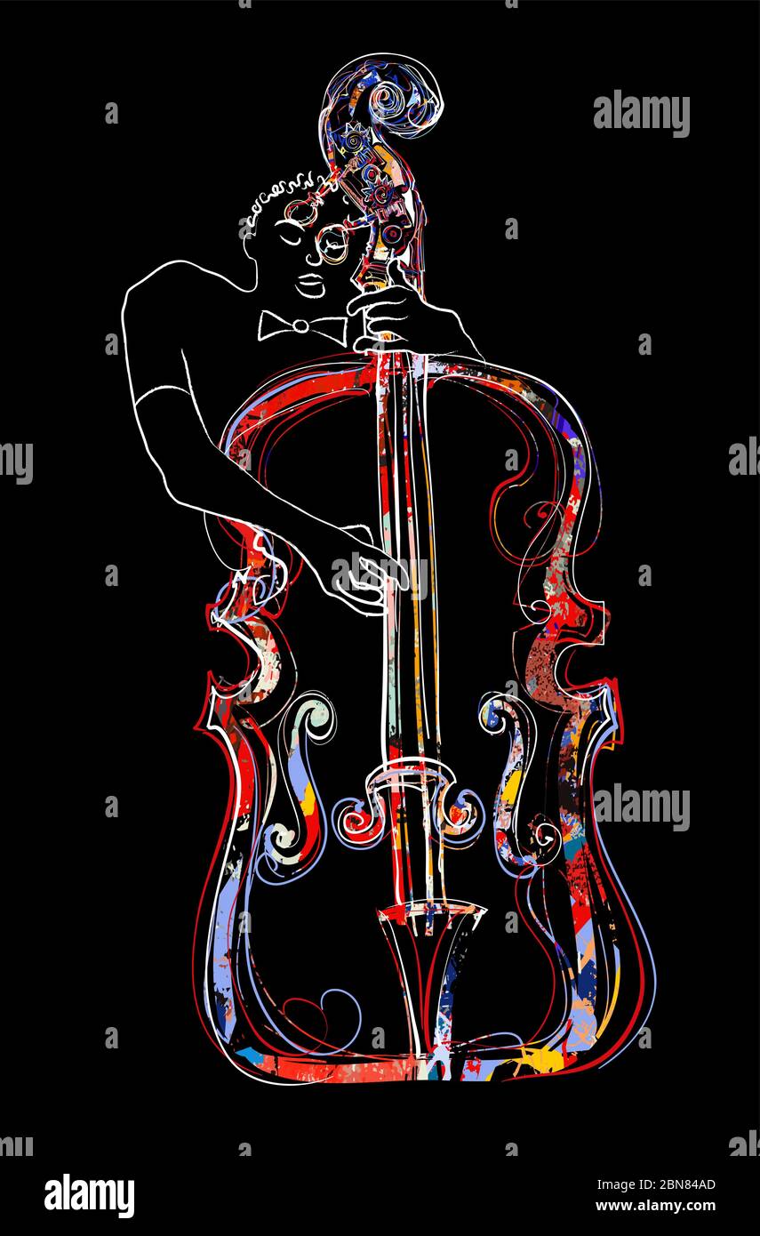 riproduzione di bassi doppi . Musicista classico jazz bassista - illustrazione vettoriale (ideale per la stampa su tessuto o carta, poster o carta da parati, decorazione di casa Illustrazione Vettoriale