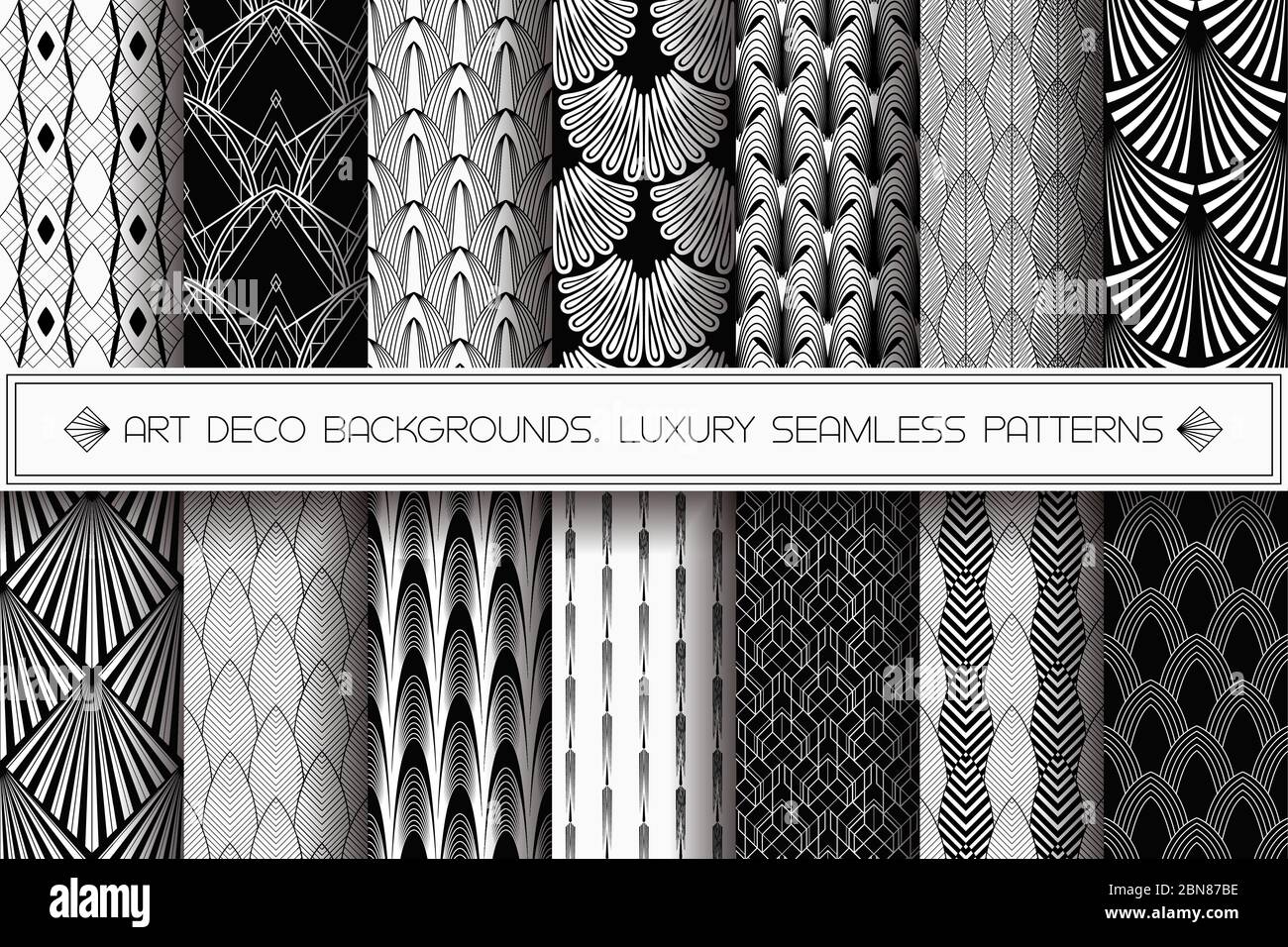 Set di motivi Art Deco. Sfondo vettoriale bianco nero Illustrazione Vettoriale