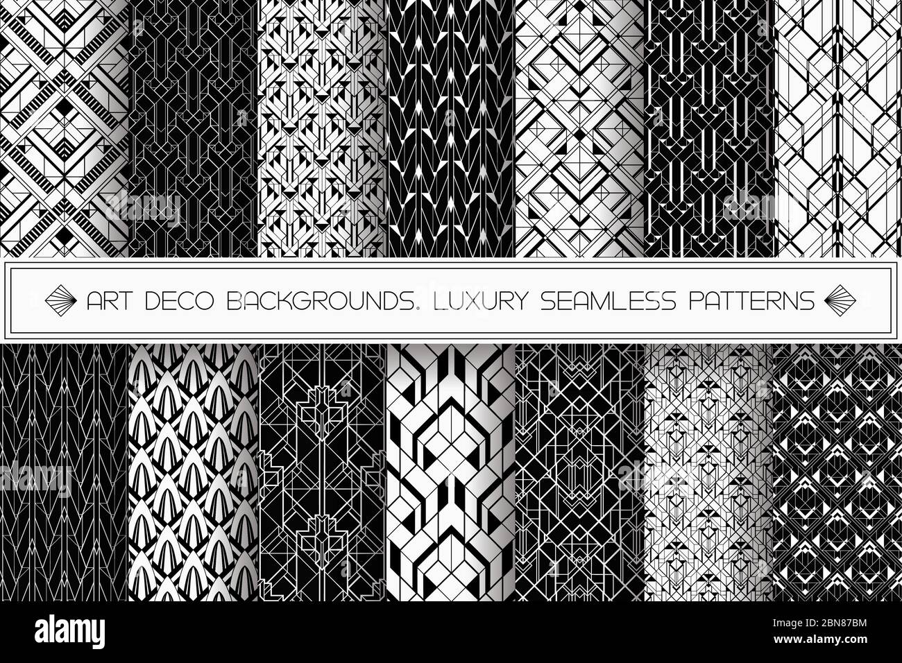 Set di motivi Art Deco. Sfondo vettoriale bianco nero Illustrazione Vettoriale
