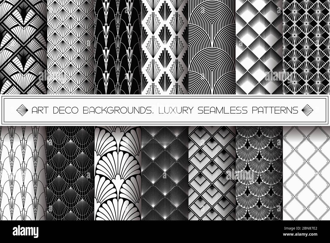 Set di motivi Art Deco. Sfondo vettoriale bianco nero Illustrazione Vettoriale