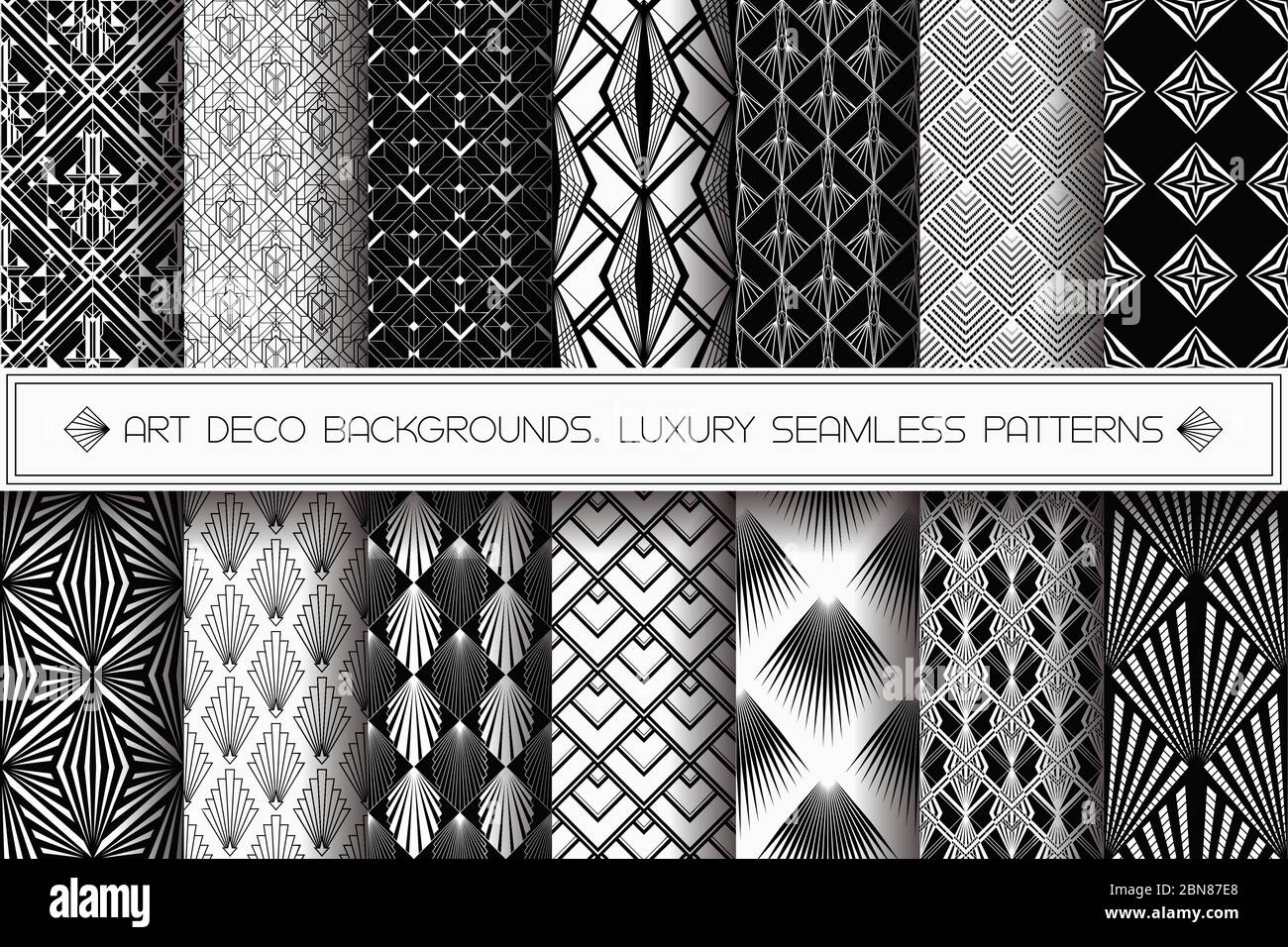 Set di motivi Art Deco. Sfondo vettoriale bianco nero Illustrazione Vettoriale