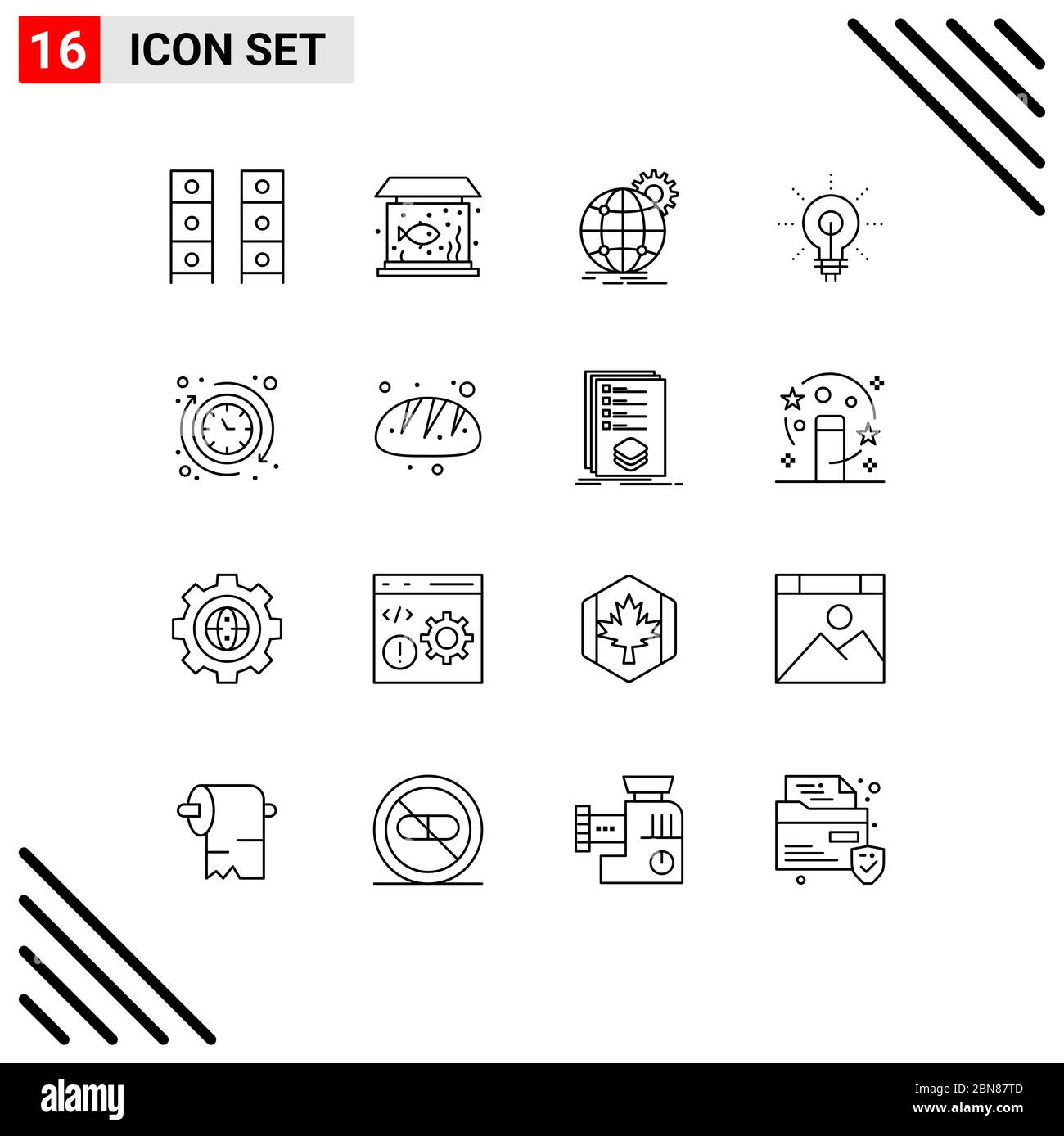Confezione da 16 simboli e segni di linee moderne per i supporti di stampa Web, come Insight, GLOW, Tank, lampadina, elementi di progettazione vettoriale per l'intero mondo Illustrazione Vettoriale