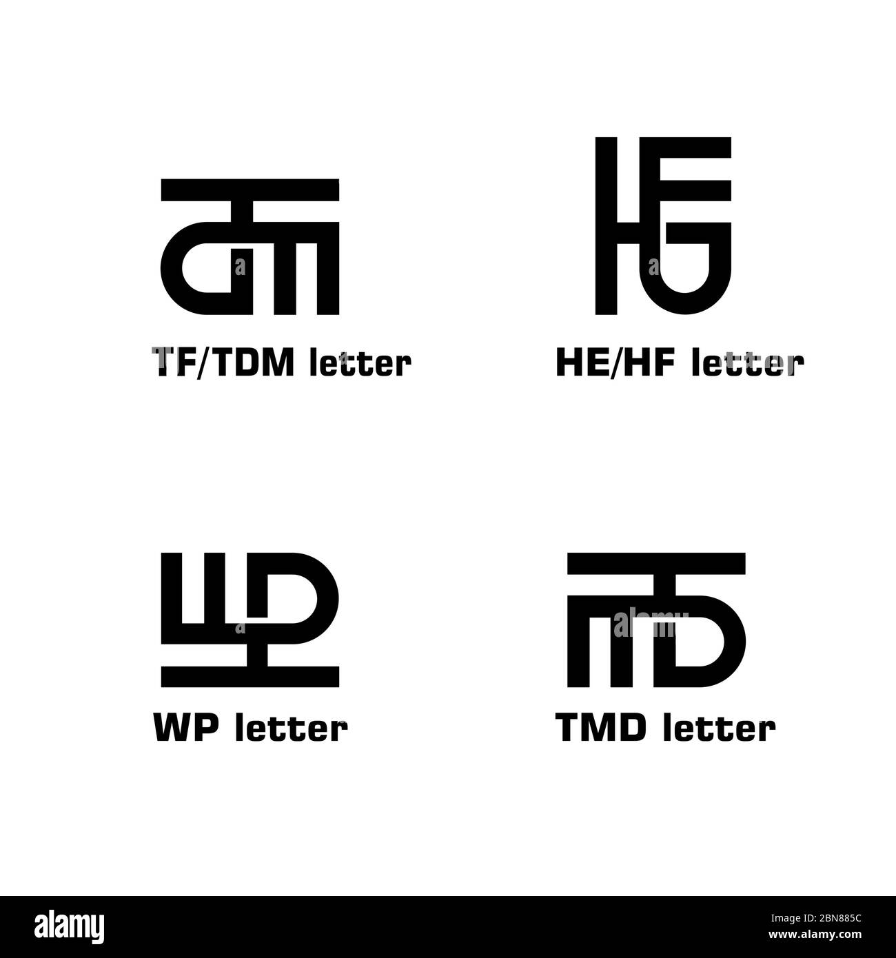 Lettera iniziale TF, TDM. HE, HF, WP, TMD, MTB, modello grafico del logo, concetto creativo, semplice e minimal di design del logo, isolato su sfondo bianco. Illustrazione Vettoriale