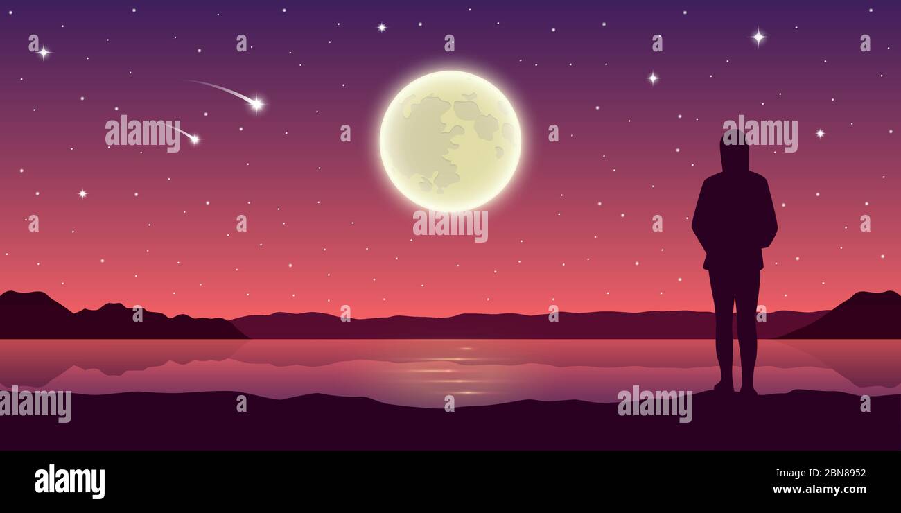 Ragazza vicino al lago guarda alla luna piena con stelle cadenti illustrazione vettoriale EPS10 Illustrazione Vettoriale