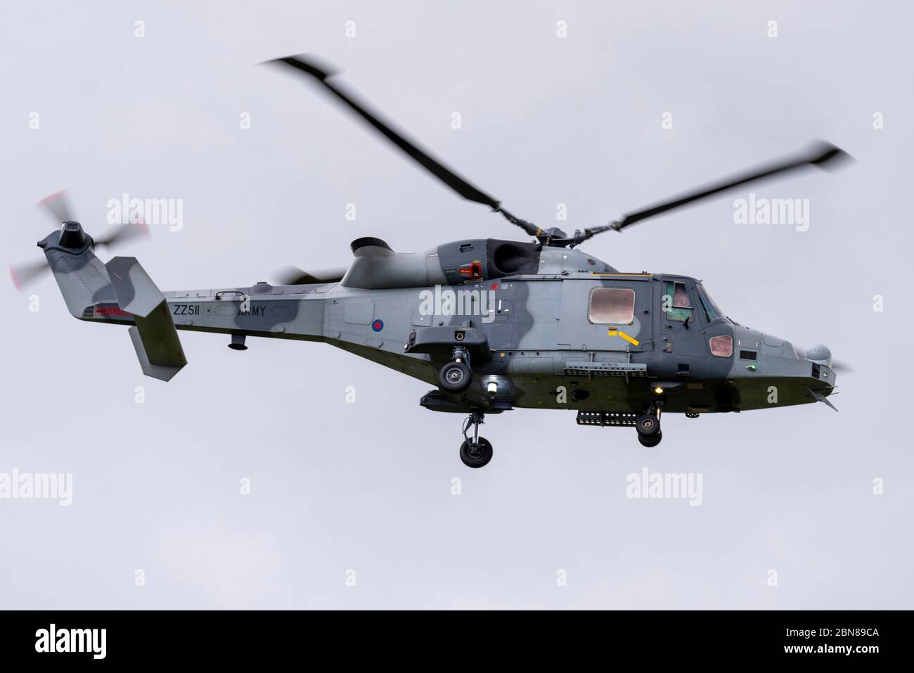 Elicottero britannico dell'esercito aereo Westland Wildcat. AgustaWestland AW159 Wildcat ZZ110. Design basato su Lynx. Passando attraverso l'Aeroporto di Southend Foto Stock
