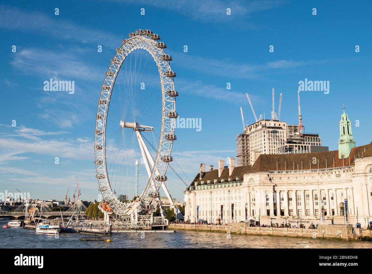 Il London Eye e la County Hall sulla sponda sud del Tamigi, Londra, Regno Unito Foto Stock