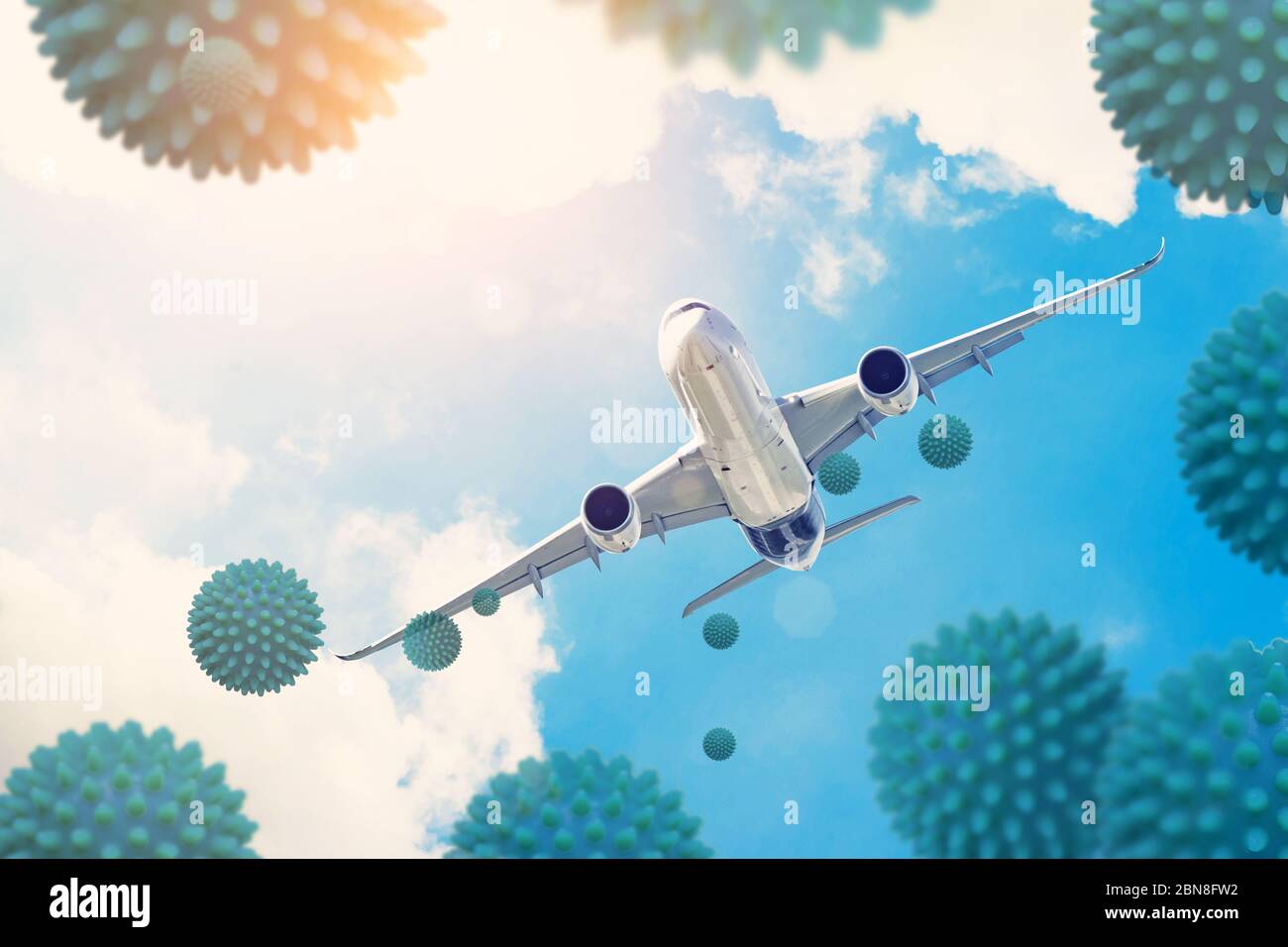 Voli aperti tra paesi, l'abolizione della quarantena del pianeta pandemico. L'aereo vola nel cielo soleggiato Foto Stock