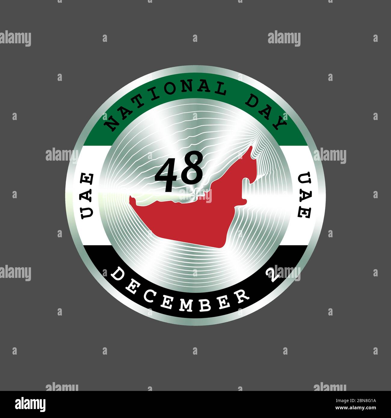 Emirati Arabi Uniti Giornata Nazionale degli Emirati Arabi Uniti, 2 dicembre. distintivo color argento e cerchio del 48esimo anniversario con bandiera e mappa. Ologramma rotondo, stiker Illustrazione Vettoriale