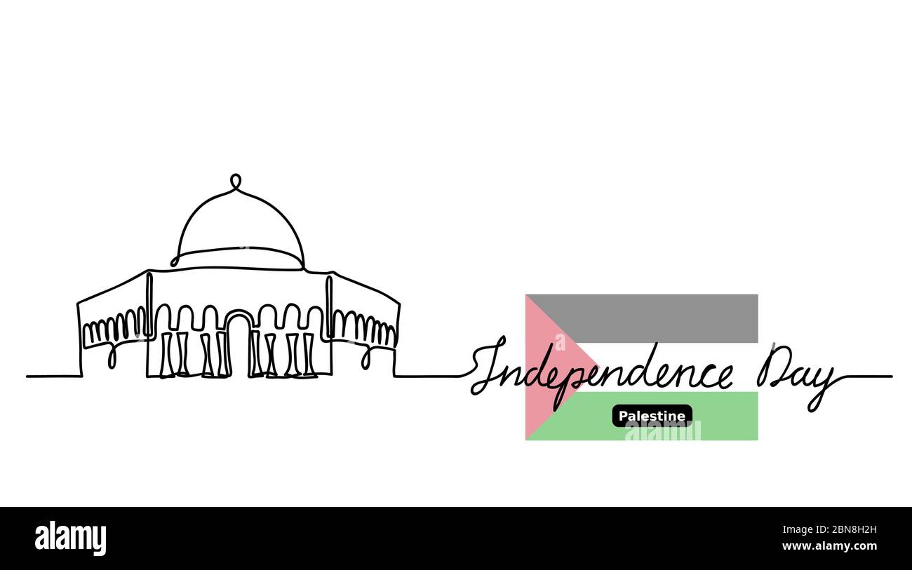 Palestina Indipendenza giorno sfondo vettore. Moschea cupola sulla roccia al-Aqsa e bandiera. Un contorno di disegno a linea continua, contorno con lettere Illustrazione Vettoriale