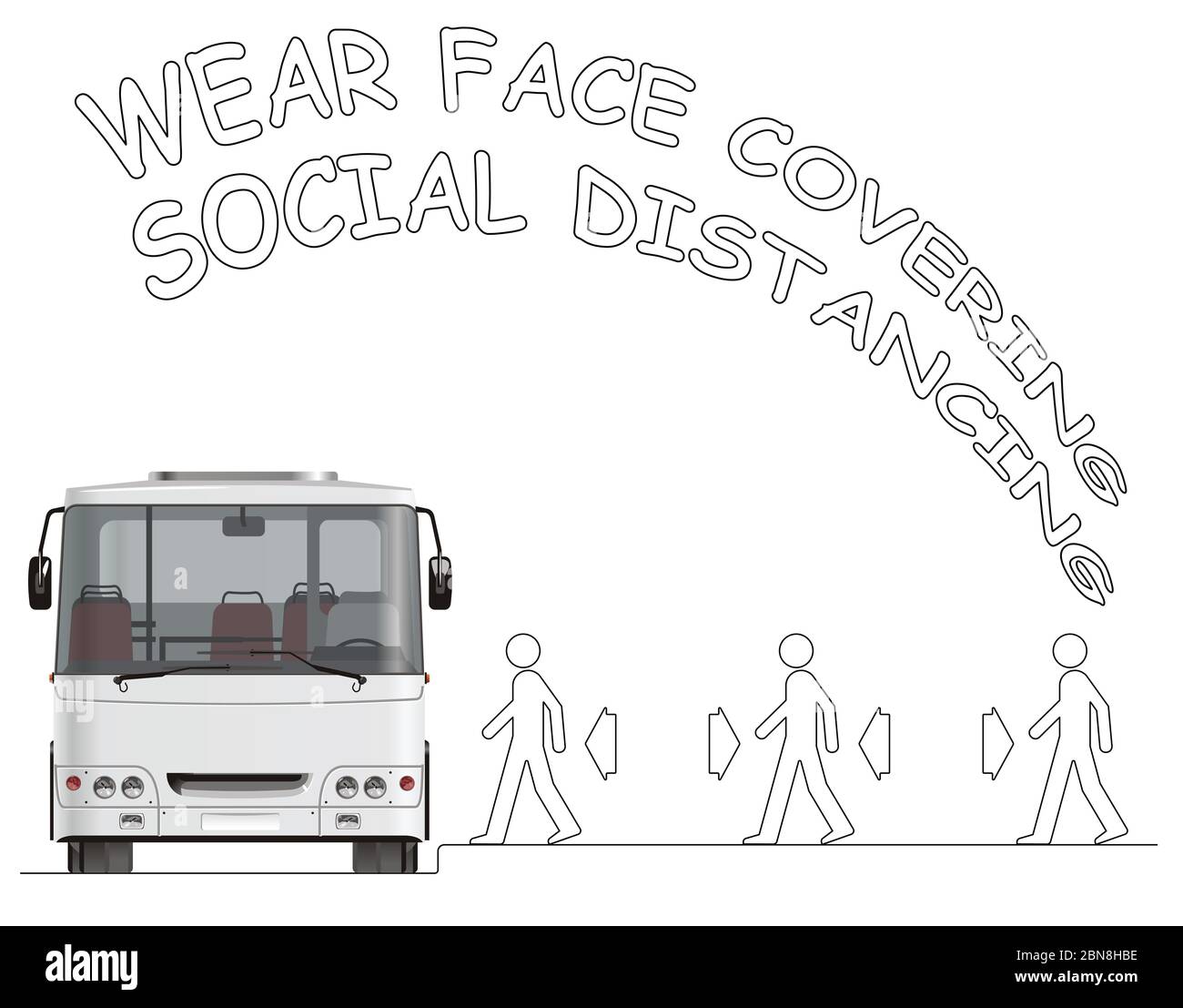 I passeggeri che salono a bordo di un autobus che pratica la distanza sociale e consigliano di indossare rivestimenti per il viso mentre i paesi si preparano a sbloccare le restrizioni dovute a pandemia Foto Stock