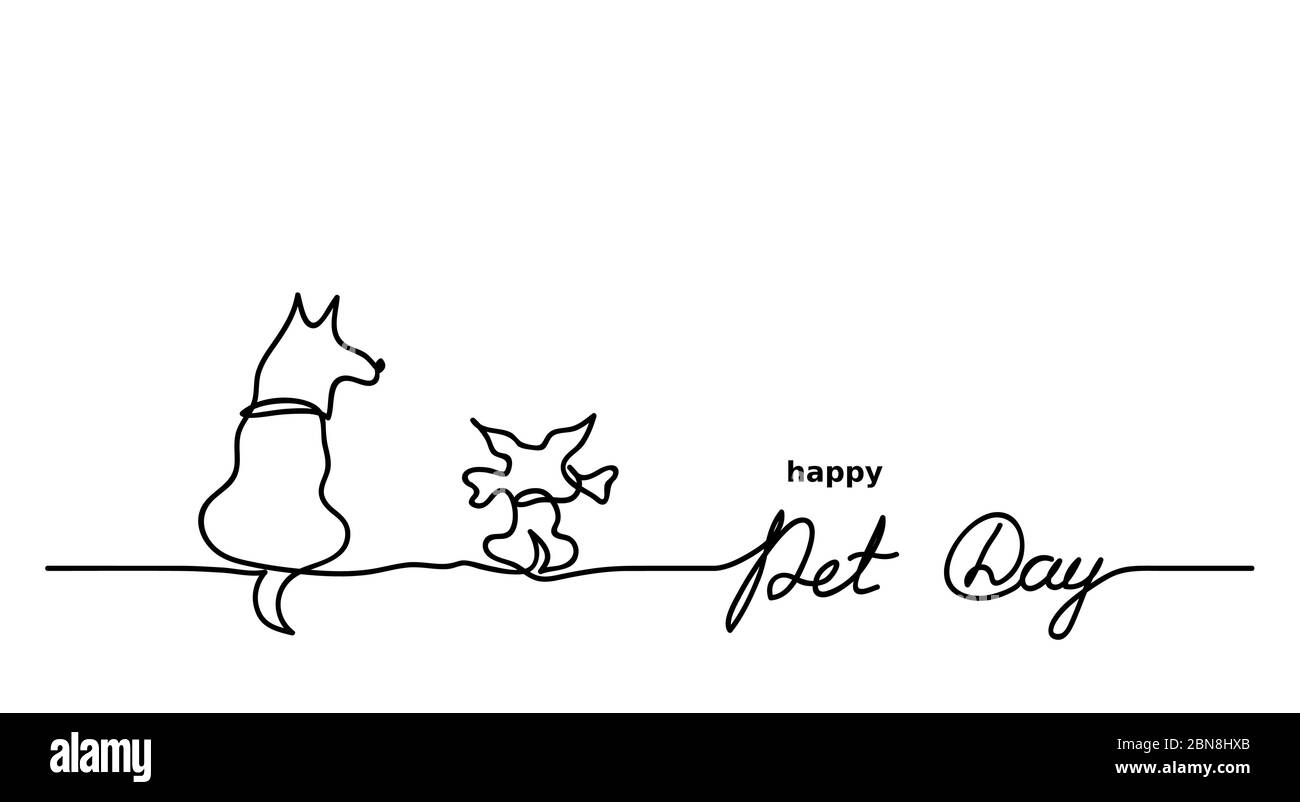 Felice giorno degli animali domestici una linea disegno continuo. Cane, cucciolo, osso con scritta PET Day. Sfondo vettoriale minimo, banner Illustrazione Vettoriale
