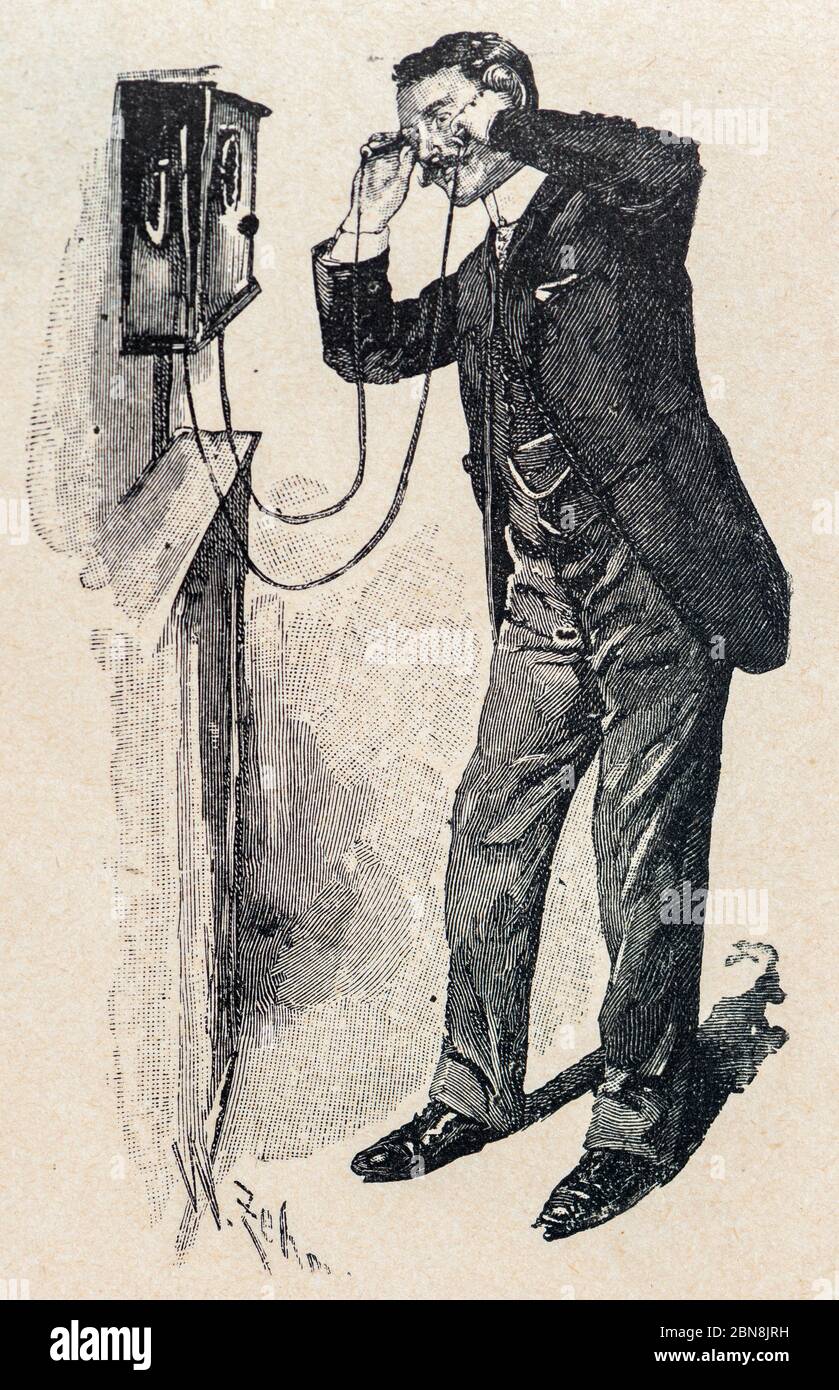 Signore che usa un vecchio telefono, Berlino, illustrazione da 'Die Hauptstädte der Welt', la capitale del mondo, Breslau circa 1897 Foto Stock