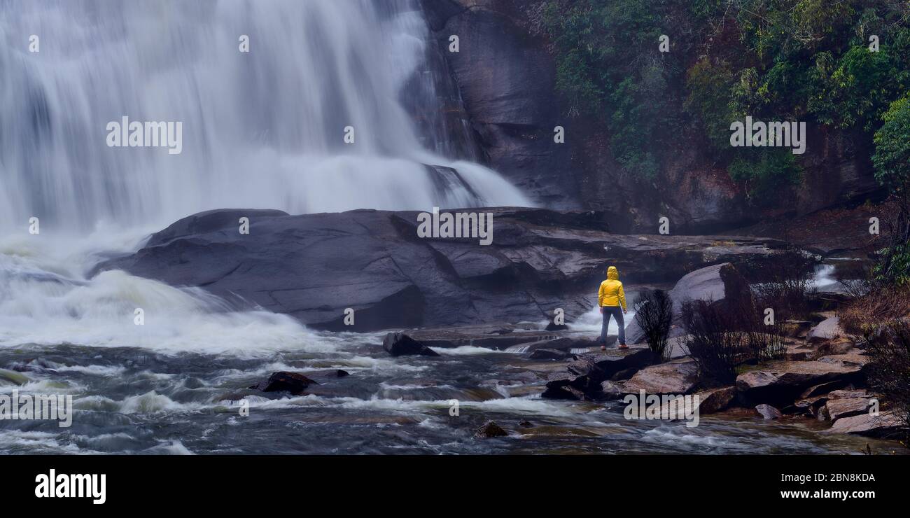Donna in piedi alla base delle alte cascate di Dupont foresta, North Carolina. Foto Stock