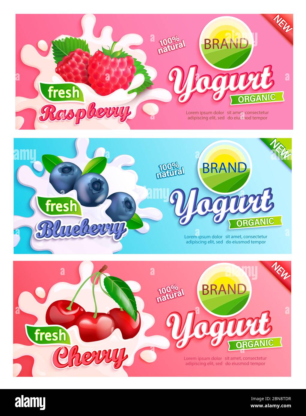 Set di etichette di yogurt mirtillo, ciliegia, lampone. Illustrazione Vettoriale
