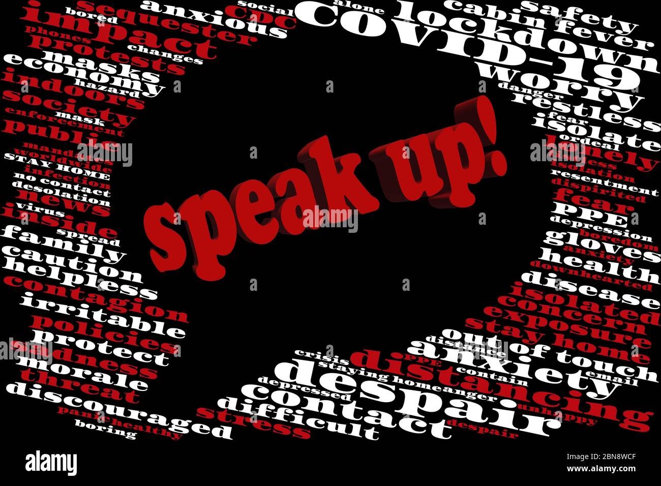 Nuvola di parole sulle sfide del coronavirus e delle divaricazioni sociali sotto forma di bolla di dialogo contenente testo 3D "spak up!" invita la discussione Foto Stock